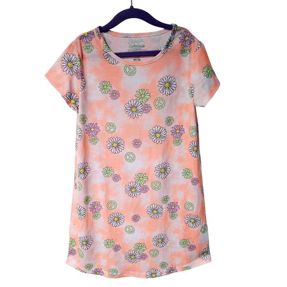 Cuddl Duds Girls M Short Sleeve Tee Shirt Dress Peach Daisy Print Peace Signs - Picture 1 of 5